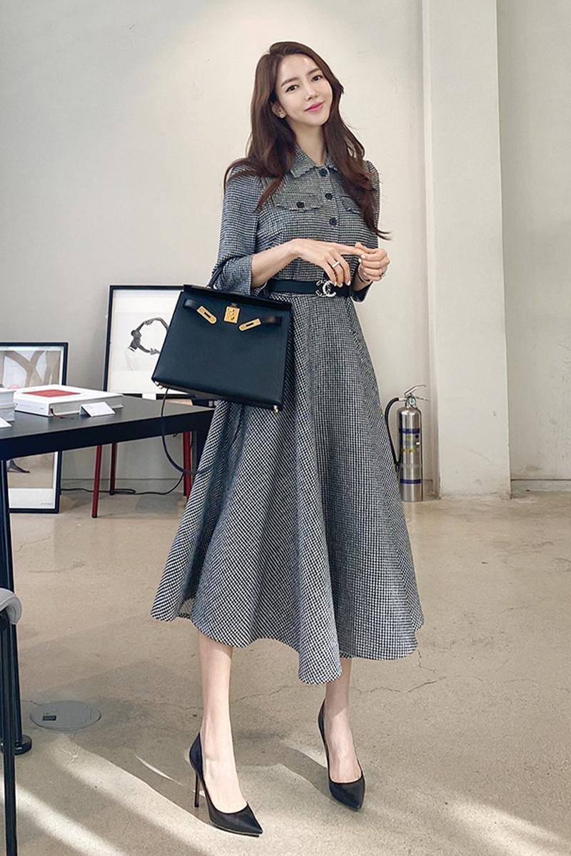 CM-DY024016 Women Elegant Seoul Style Single Breasted 3/4 Sleeve Pinched Waist Dress - Gray