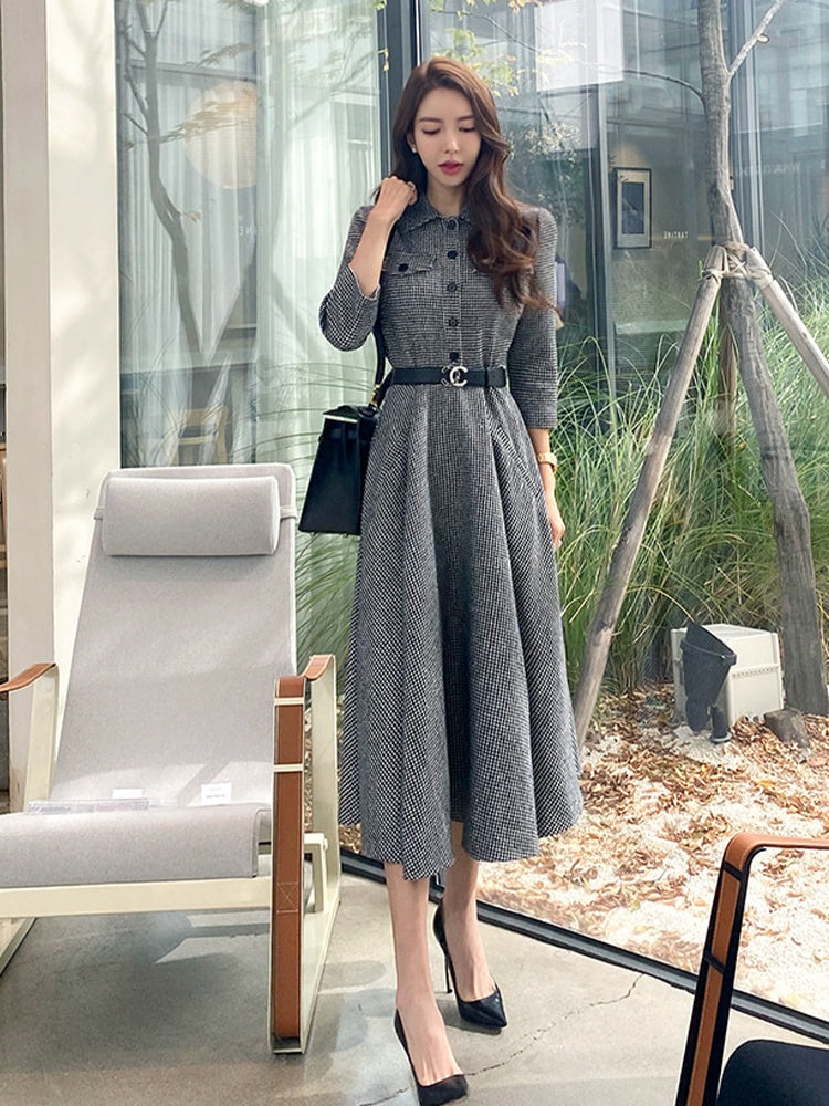 CM-DY024016 Women Elegant Seoul Style Single Breasted 3/4 Sleeve Pinched Waist Dress - Gray