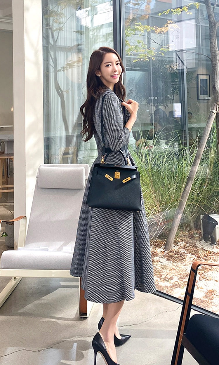 CM-DY024016 Women Elegant Seoul Style Single Breasted 3/4 Sleeve Pinched Waist Dress - Gray