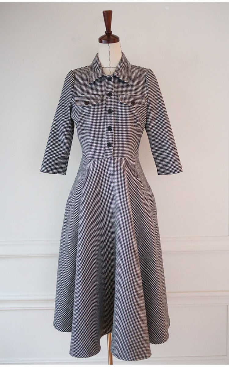 CM-DY024016 Women Elegant Seoul Style Single Breasted 3/4 Sleeve Pinched Waist Dress - Gray