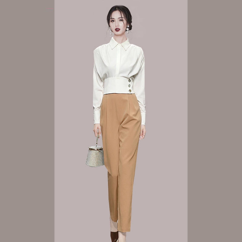 CM-SY024029 Women Elegant European Style Collar Neckline Long Sleeve With Long Pants - Set