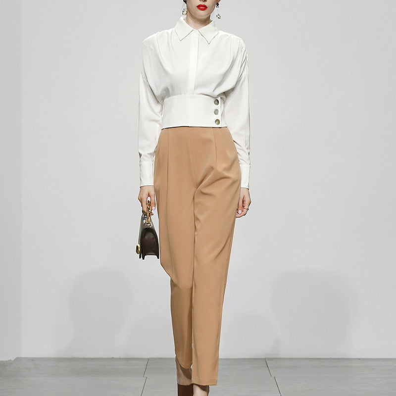 CM-SY024029 Women Elegant European Style Collar Neckline Long Sleeve With Long Pants - Set