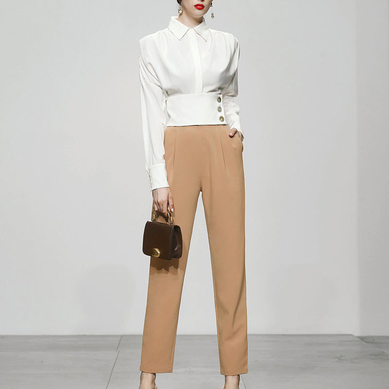 CM-SY024029 Women Elegant European Style Collar Neckline Long Sleeve With Long Pants - Set