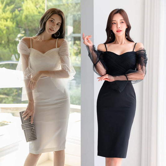 CM-DY024039 Women Elegant Seoul Style Off the Shoulder Trumpet Long Sleeve Slim Midi Dress (Available in 2 colors)