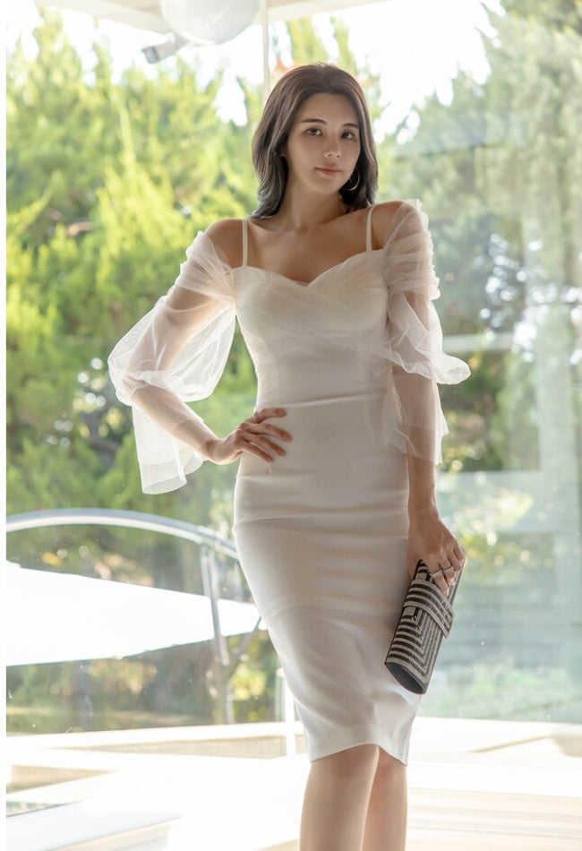 CM-DY024039 Women Elegant Seoul Style Off the Shoulder Trumpet Long Sleeve Slim Midi Dress (Available in 2 colors)