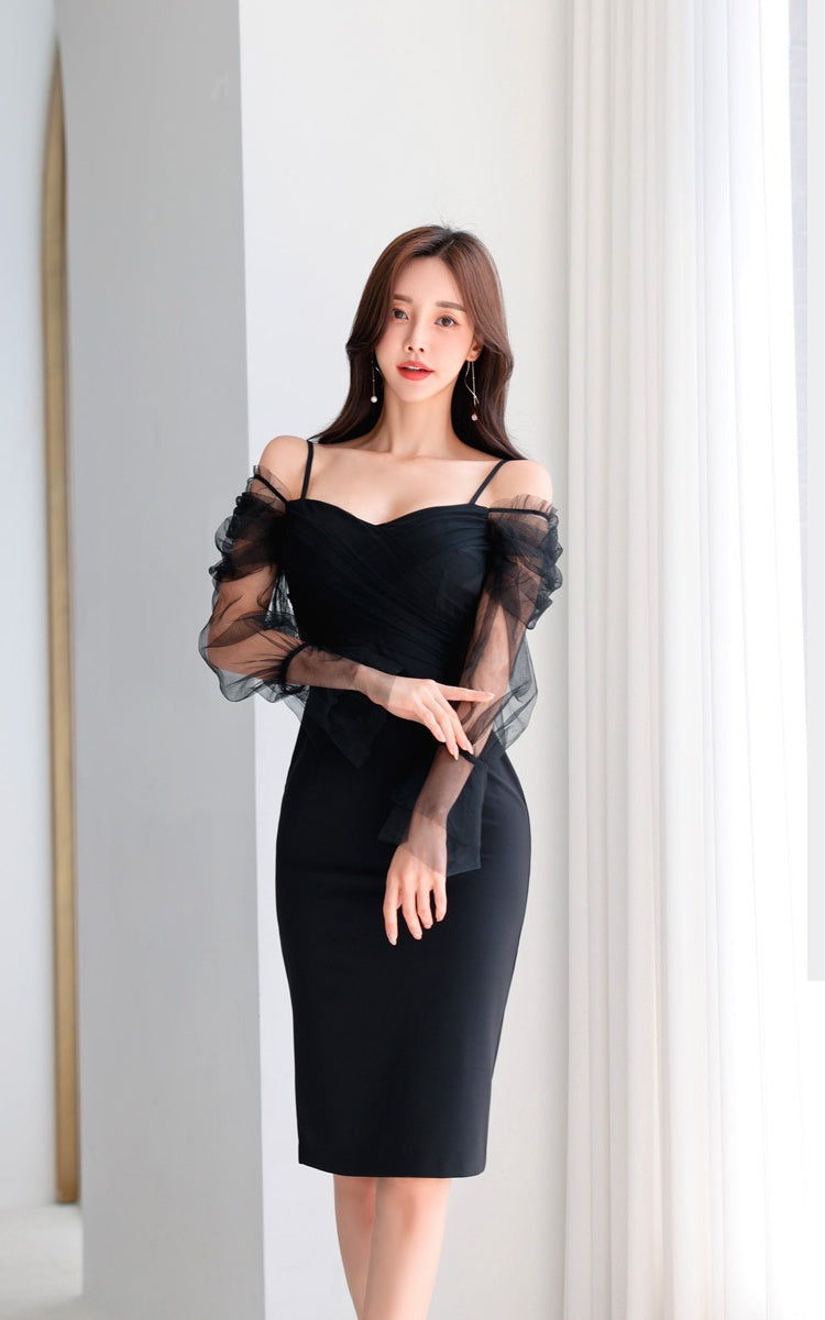 CM-DY024039 Women Elegant Seoul Style Off the Shoulder Trumpet Long Sleeve Slim Midi Dress (Available in 2 colors)