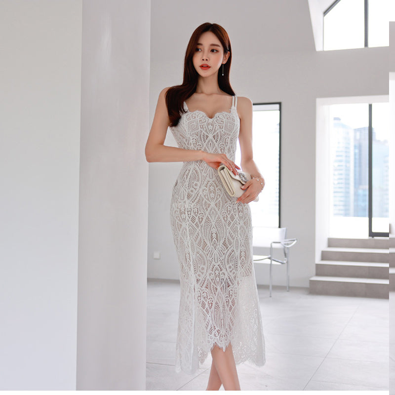 CM-DY024040 Women Elegant Seoul Style Sleeveless Jacquard Lace Slim Midi Dress - White
