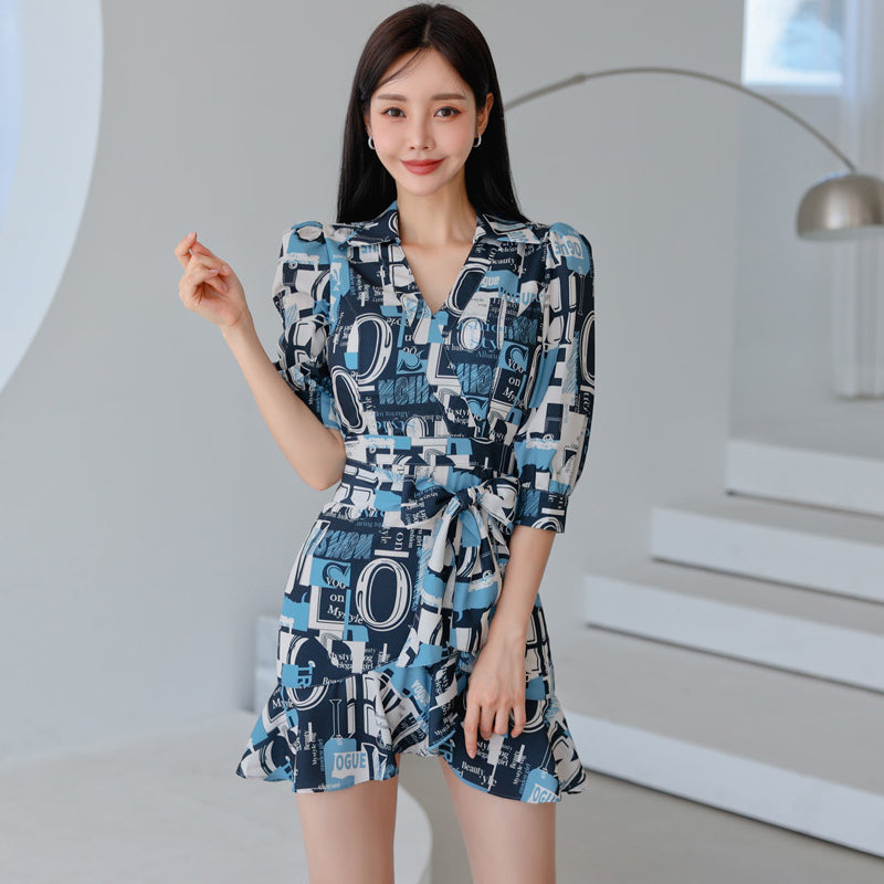 CM-DY024041 Women Casual Seoul Style V-Neck 3/4 Sleeve Ruffle Mini Dress