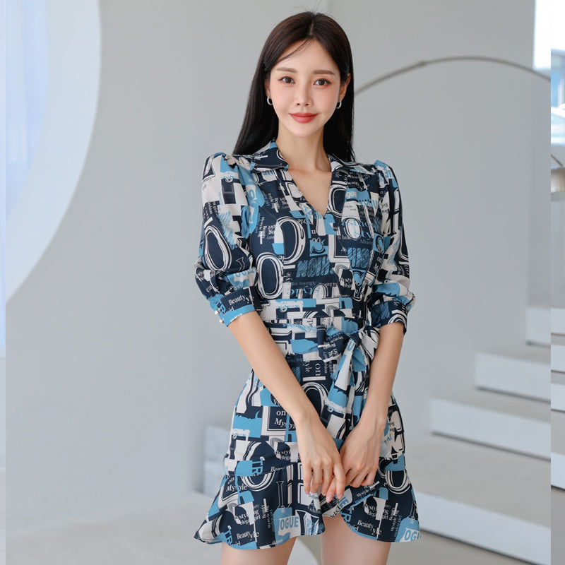 CM-DY024041 Women Casual Seoul Style V-Neck 3/4 Sleeve Ruffle Mini Dress