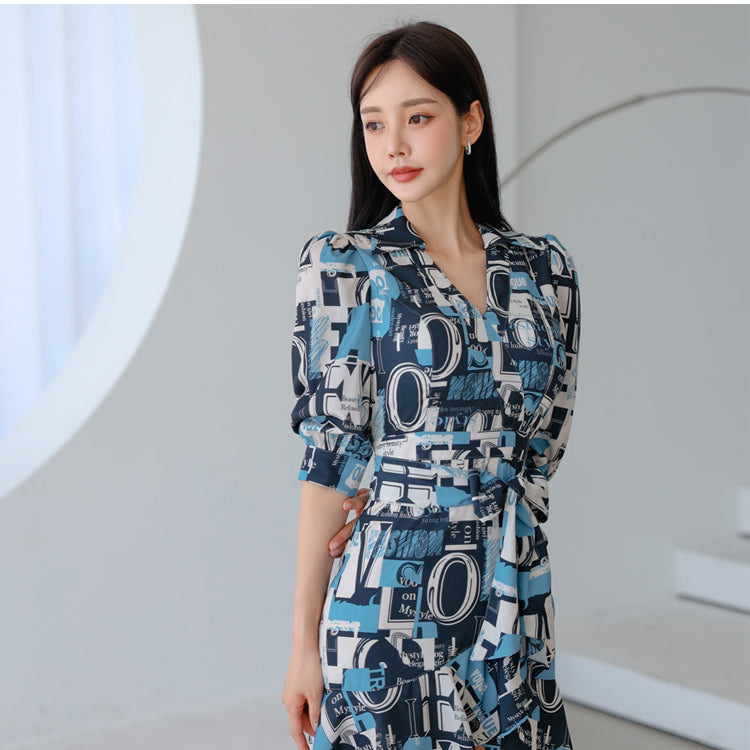 CM-DY024041 Women Casual Seoul Style V-Neck 3/4 Sleeve Ruffle Mini Dress