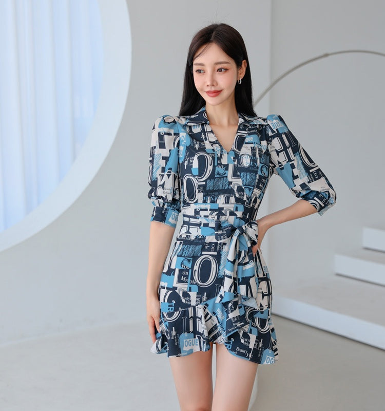 CM-DY024041 Women Casual Seoul Style V-Neck 3/4 Sleeve Ruffle Mini Dress