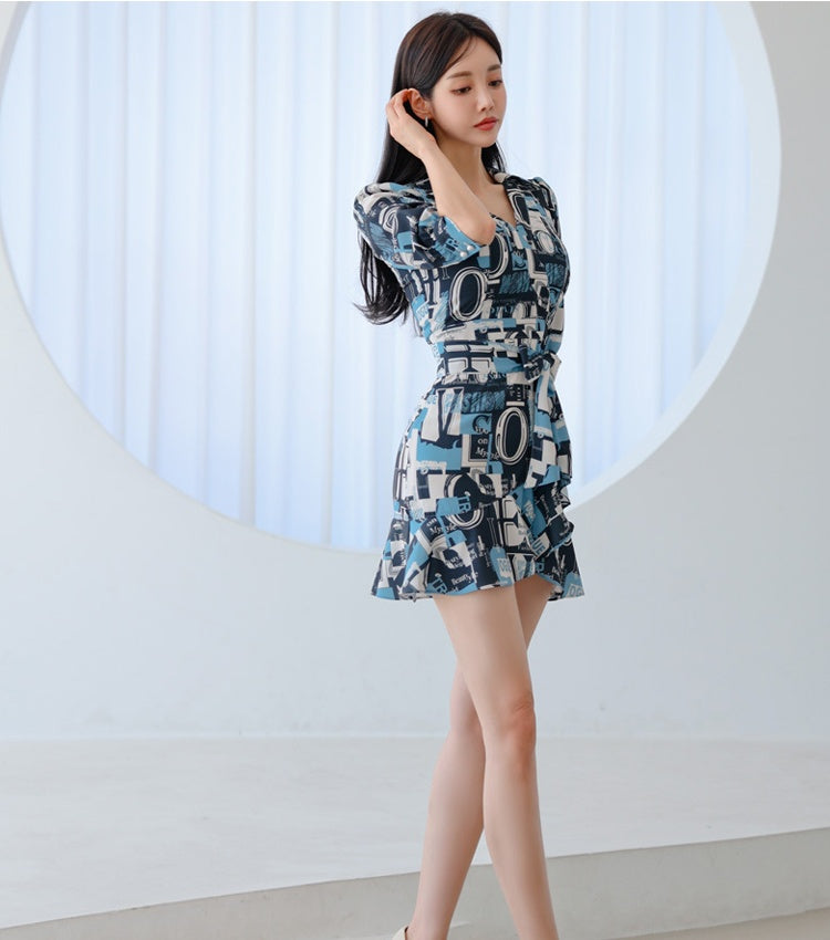 CM-DY024041 Women Casual Seoul Style V-Neck 3/4 Sleeve Ruffle Mini Dress