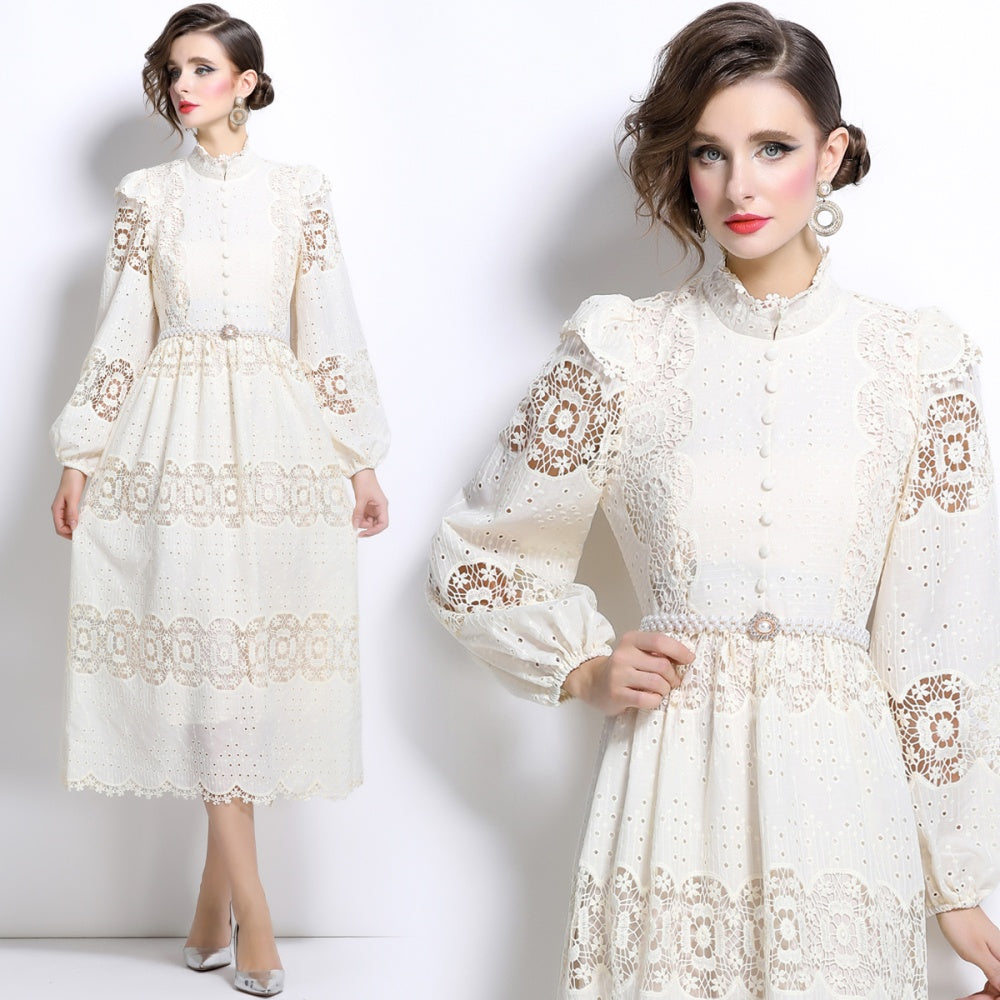 CM-DY024045 Women Elegant European Style Stand Collar Long Sleeve Slim Pearl Belt Lace Dress