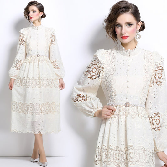 CM-DY024045 Women Elegant European Style Stand Collar Long Sleeve Slim Pearl Belt Lace Dress