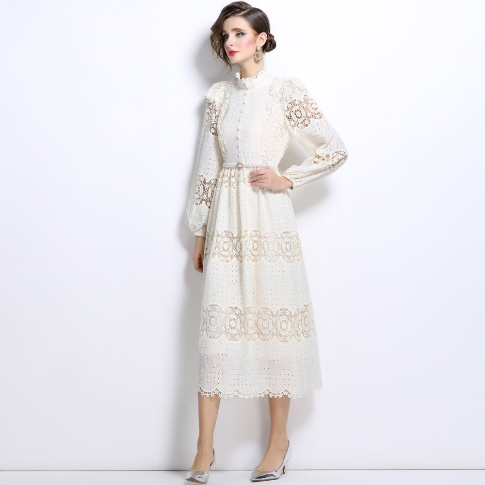 CM-DY024045 Women Elegant European Style Stand Collar Long Sleeve Slim Pearl Belt Lace Dress