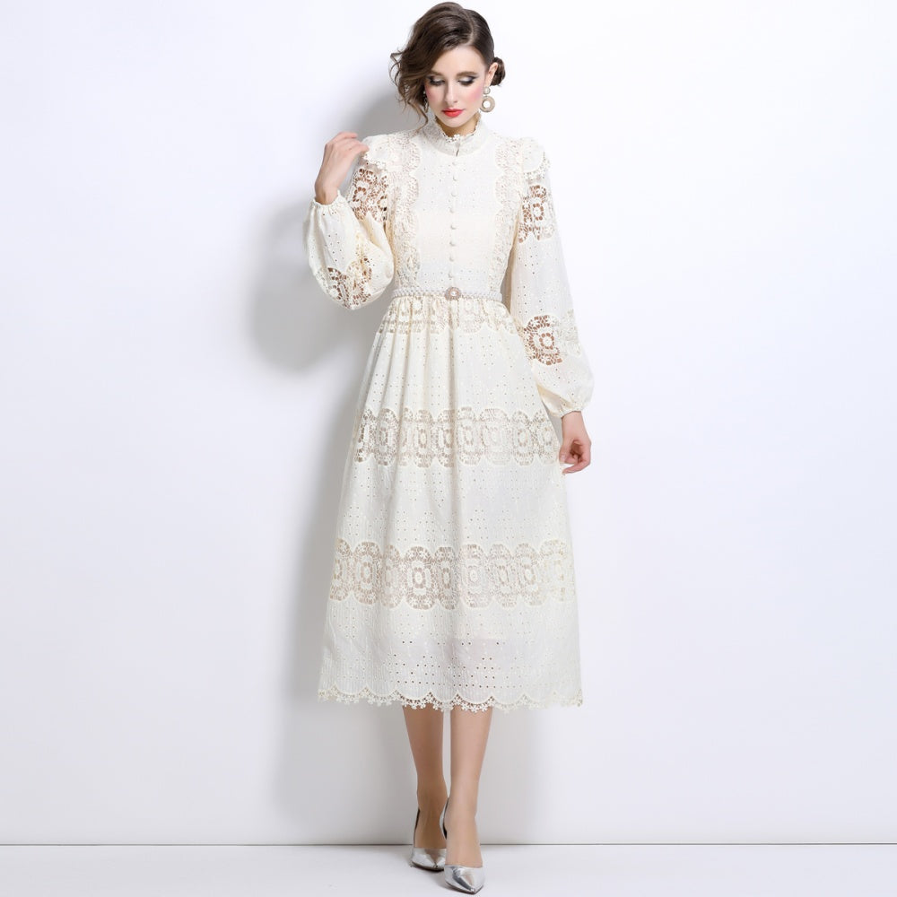 CM-DY024045 Women Elegant European Style Stand Collar Long Sleeve Slim Pearl Belt Lace Dress