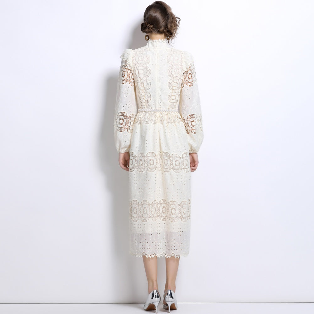 CM-DY024045 Women Elegant European Style Stand Collar Long Sleeve Slim Pearl Belt Lace Dress