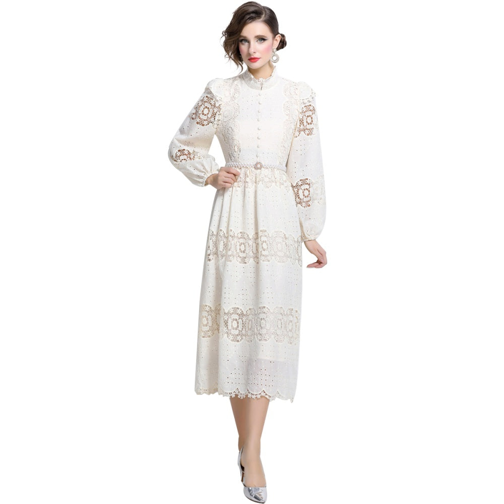 CM-DY024045 Women Elegant European Style Stand Collar Long Sleeve Slim Pearl Belt Lace Dress