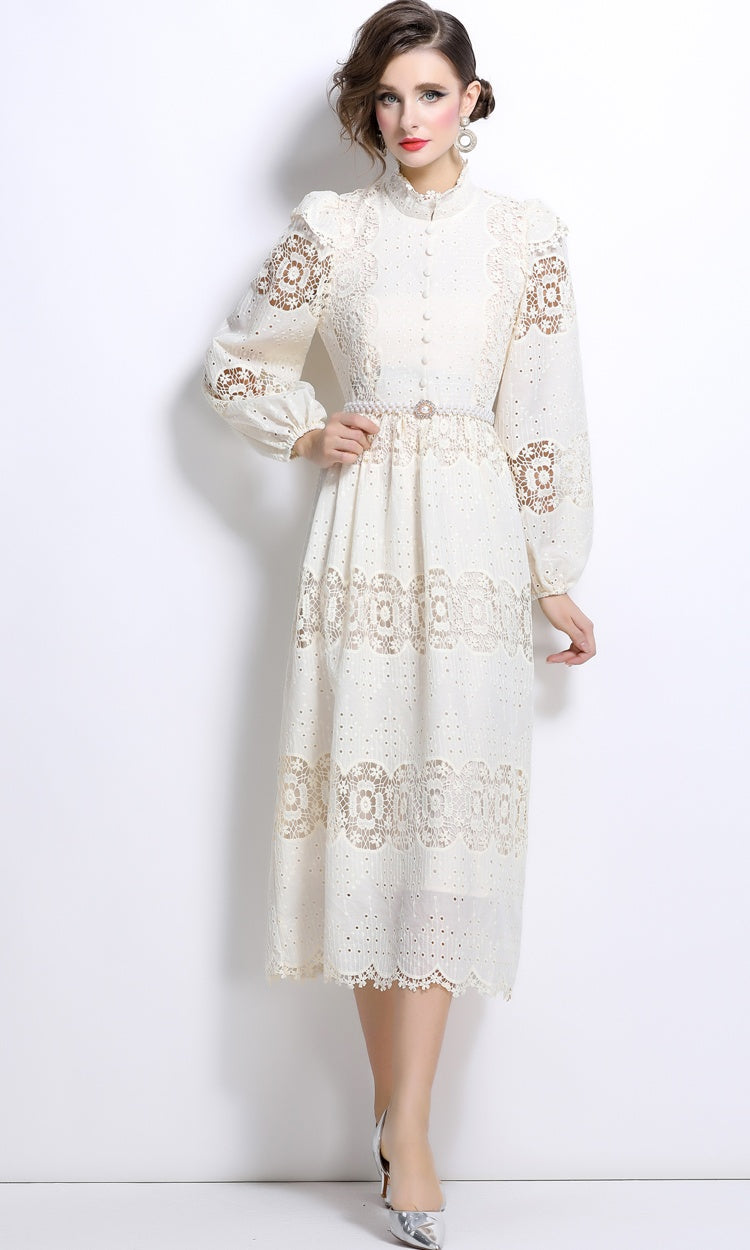 CM-DY024045 Women Elegant European Style Stand Collar Long Sleeve Slim Pearl Belt Lace Dress
