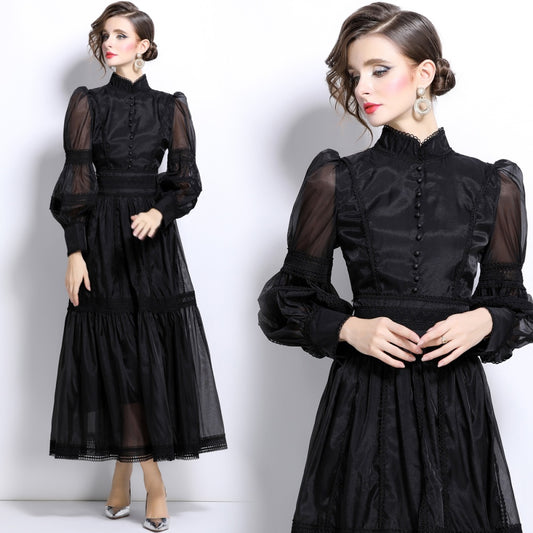 CM-DY024046 Women Elegant European Style Long Puff Sleeve Pinched Waist Organza Dress - Black