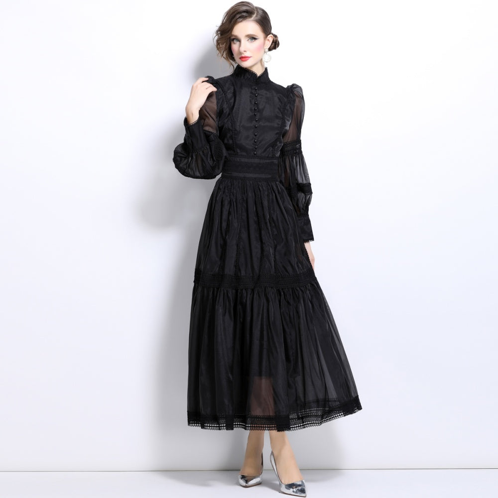 CM-DY024046 Women Elegant European Style Long Puff Sleeve Pinched Waist Organza Dress - Black