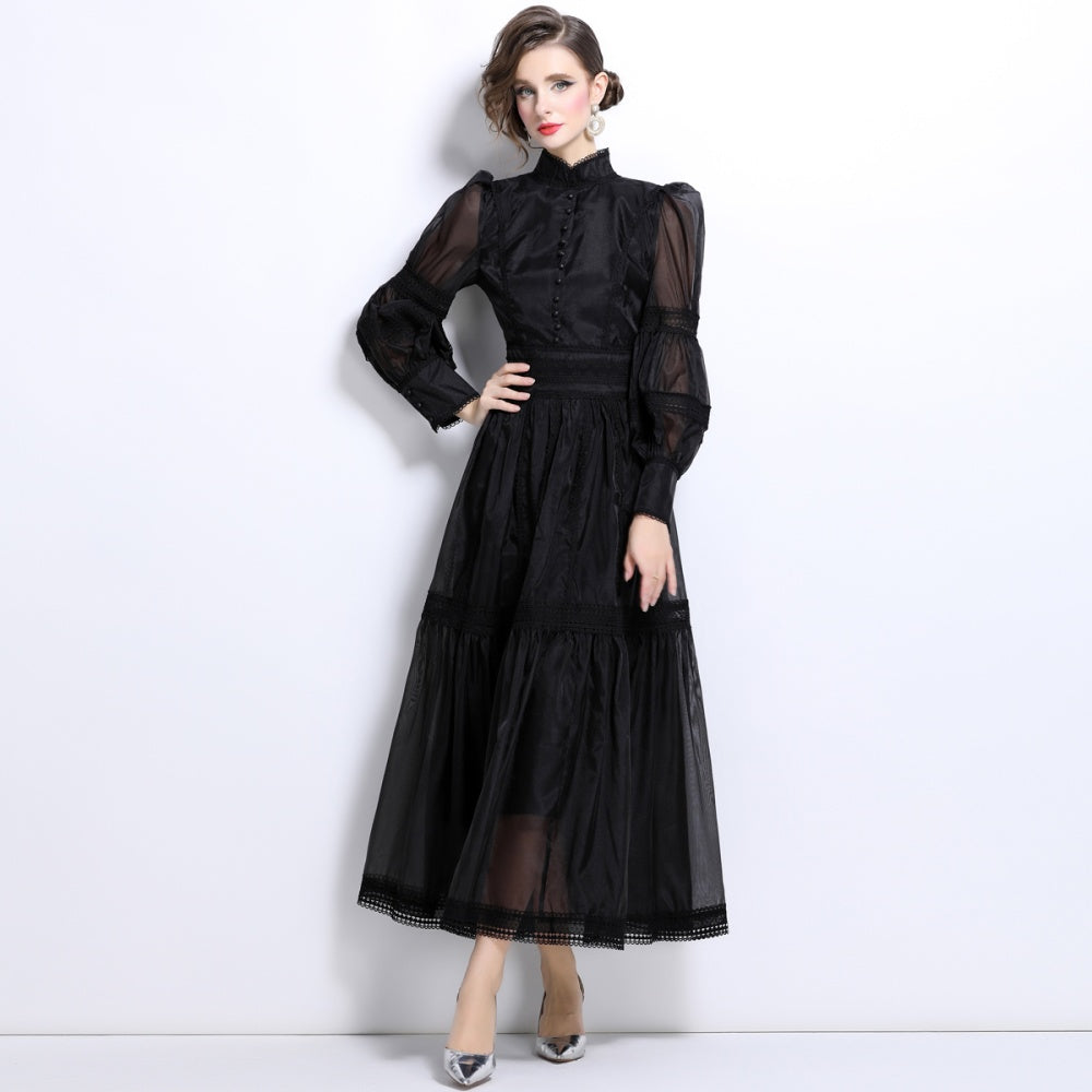CM-DY024046 Women Elegant European Style Long Puff Sleeve Pinched Waist Organza Dress - Black