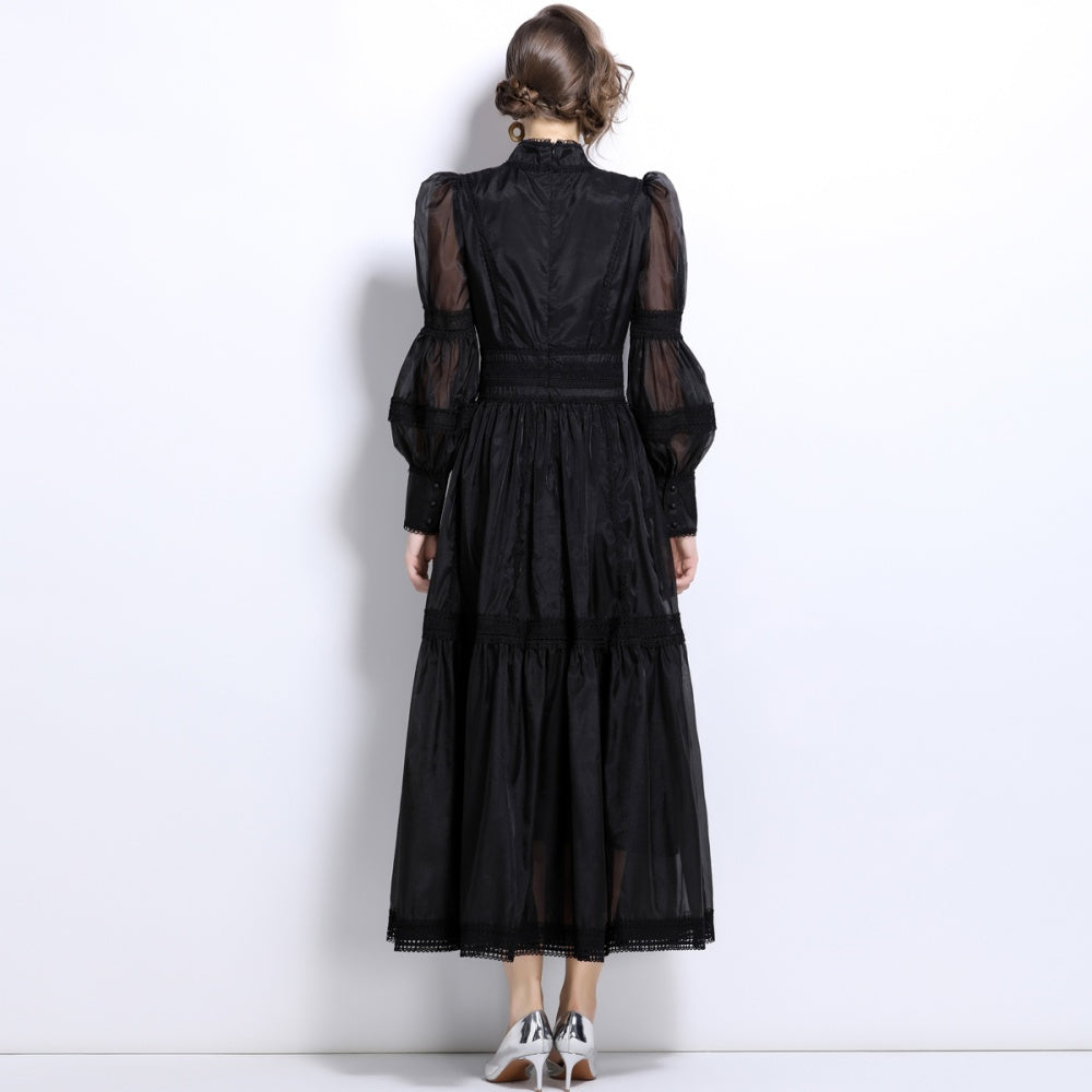 CM-DY024046 Women Elegant European Style Long Puff Sleeve Pinched Waist Organza Dress - Black