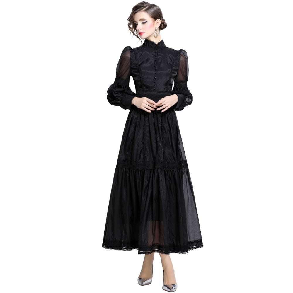 CM-DY024046 Women Elegant European Style Long Puff Sleeve Pinched Waist Organza Dress - Black