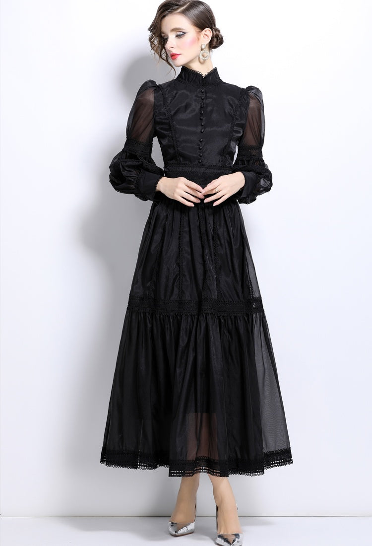 CM-DY024046 Women Elegant European Style Long Puff Sleeve Pinched Waist Organza Dress - Black