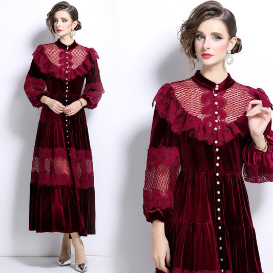 CM-DY024047 Women Elegant European Style Stand Up Collar Velvet Lace Long Dress - Dark Red
