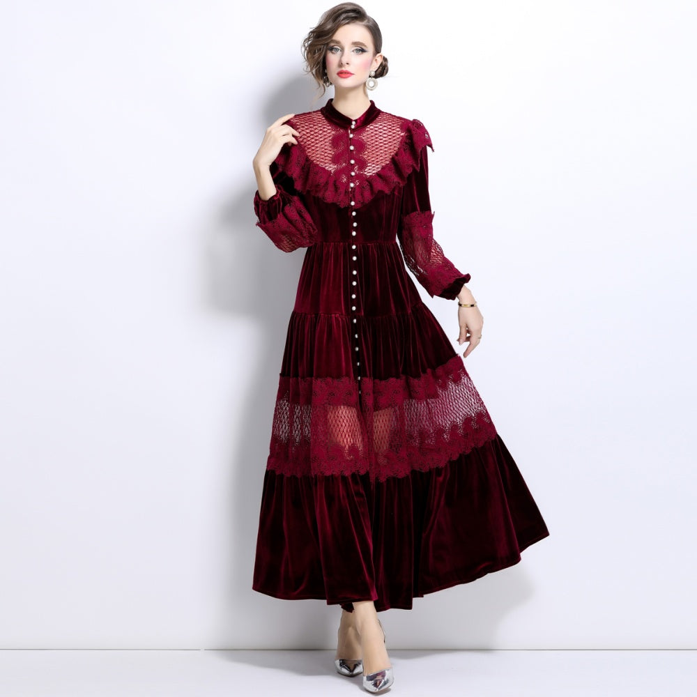 CM-DY024047 Women Elegant European Style Stand Up Collar Velvet Lace Long Dress - Dark Red