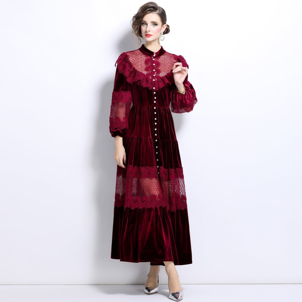 CM-DY024047 Women Elegant European Style Stand Up Collar Velvet Lace Long Dress - Dark Red
