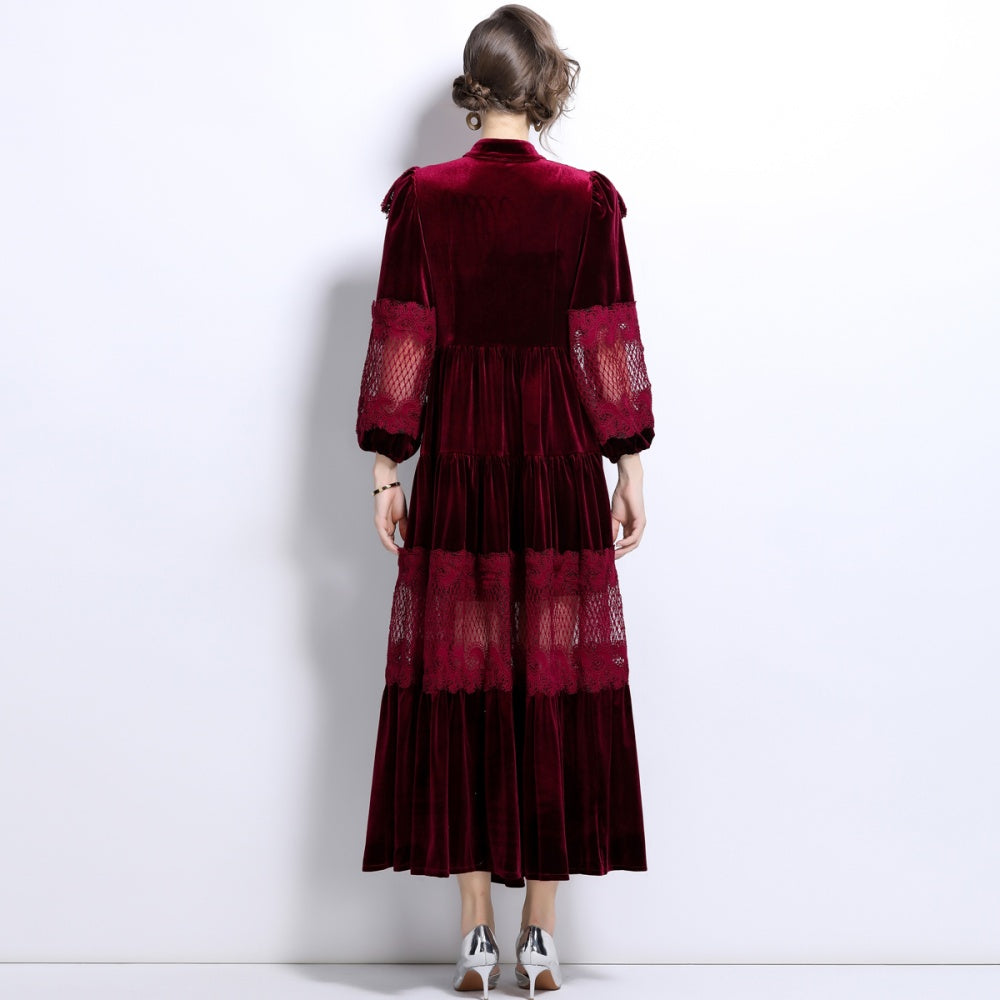 CM-DY024047 Women Elegant European Style Stand Up Collar Velvet Lace Long Dress - Dark Red