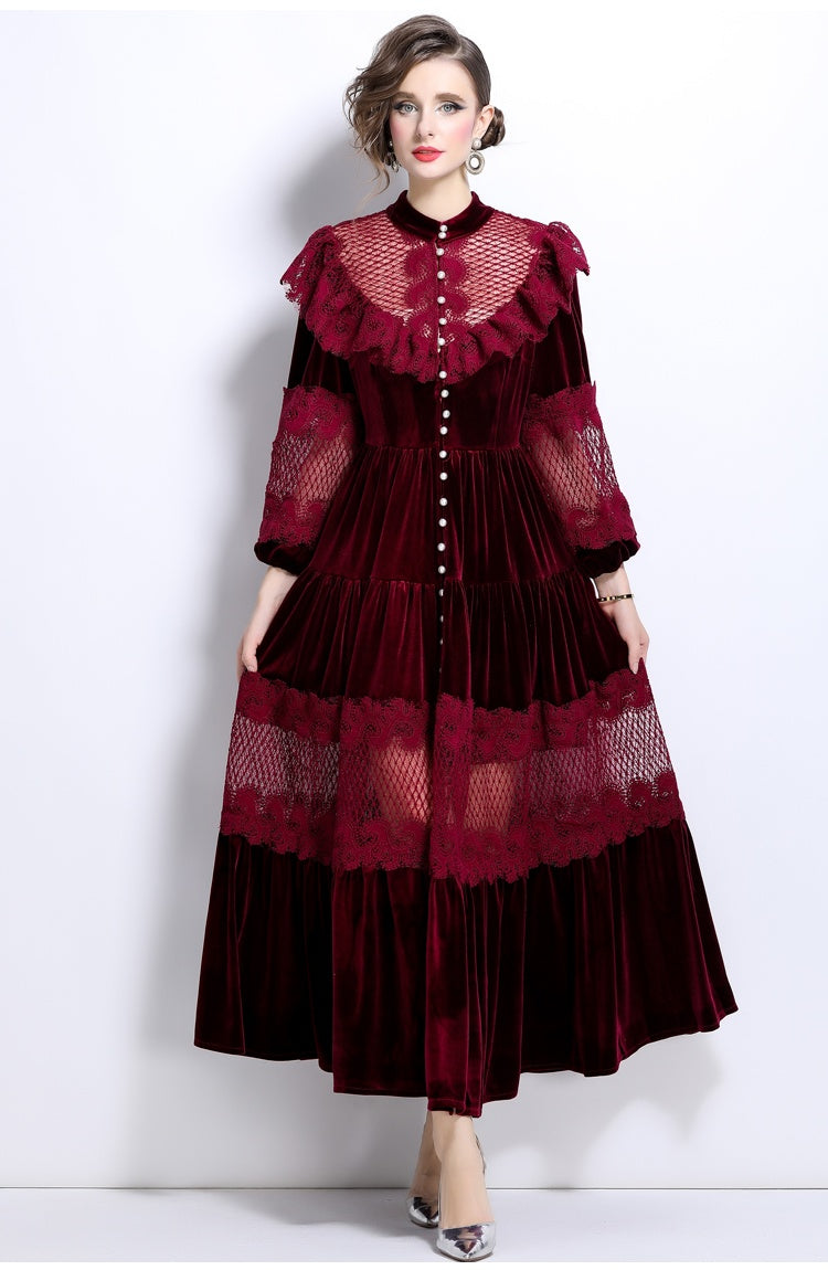 CM-DY024047 Women Elegant European Style Stand Up Collar Velvet Lace Long Dress - Dark Red