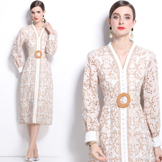 CM-DY024048 Women Elegant European Style V-Neck Embroidery Hollow Long Sleeve Slim Dress