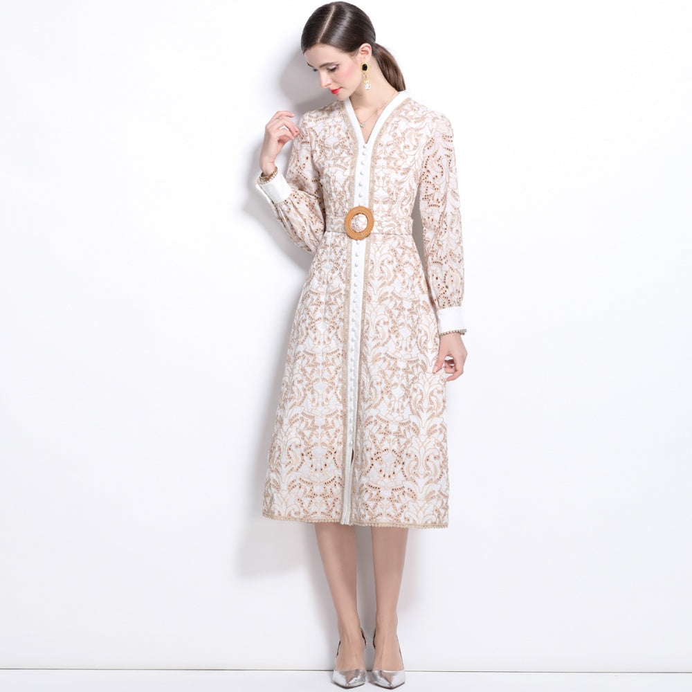 CM-DY024048 Women Elegant European Style V-Neck Embroidery Hollow Long Sleeve Slim Dress