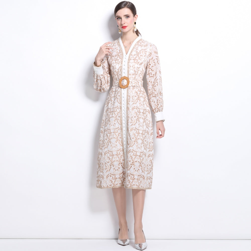 CM-DY024048 Women Elegant European Style V-Neck Embroidery Hollow Long Sleeve Slim Dress