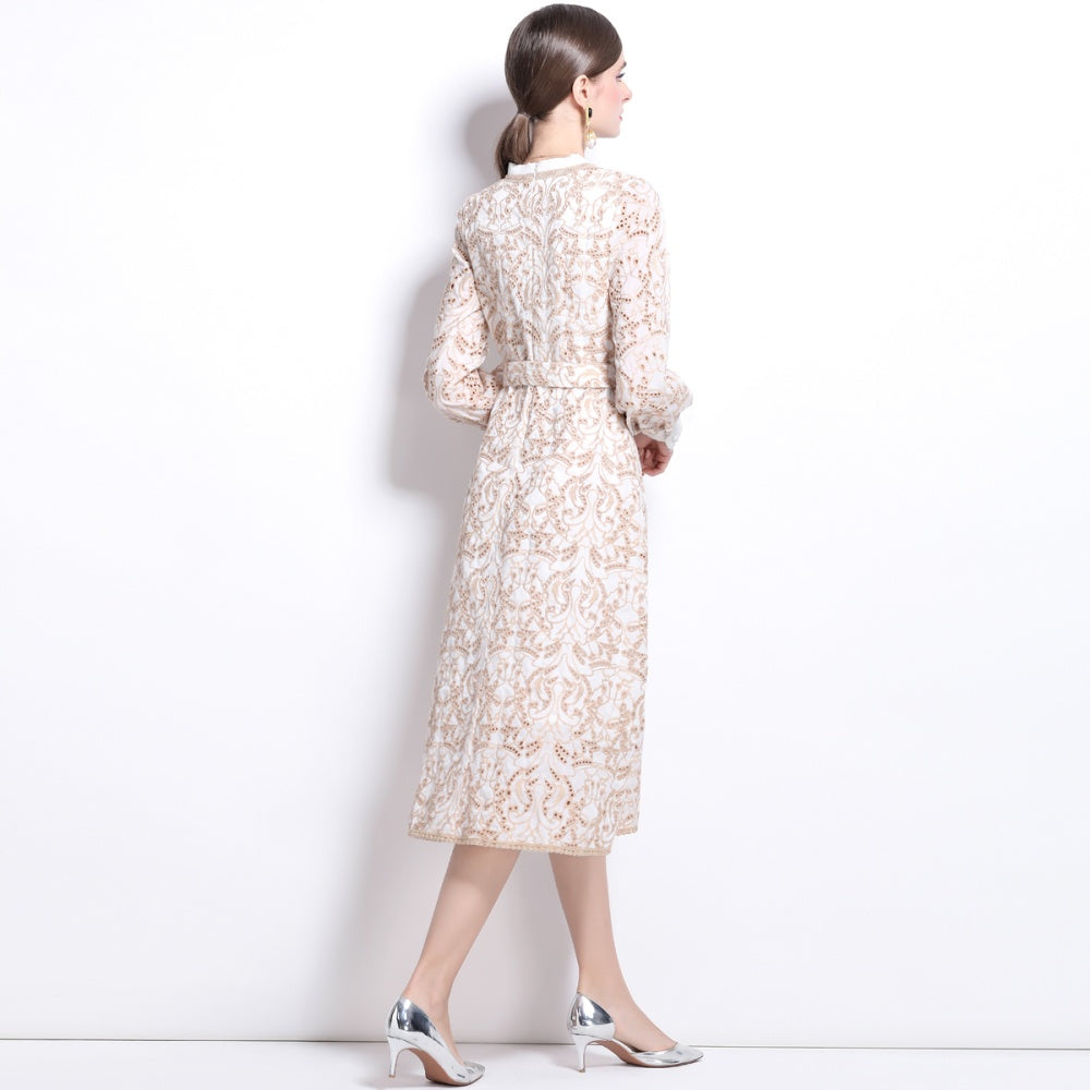 CM-DY024048 Women Elegant European Style V-Neck Embroidery Hollow Long Sleeve Slim Dress