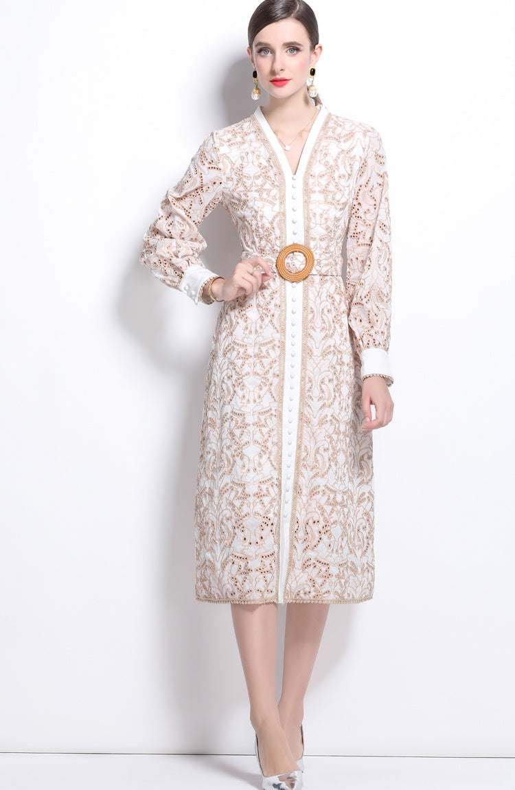 CM-DY024048 Women Elegant European Style V-Neck Embroidery Hollow Long Sleeve Slim Dress