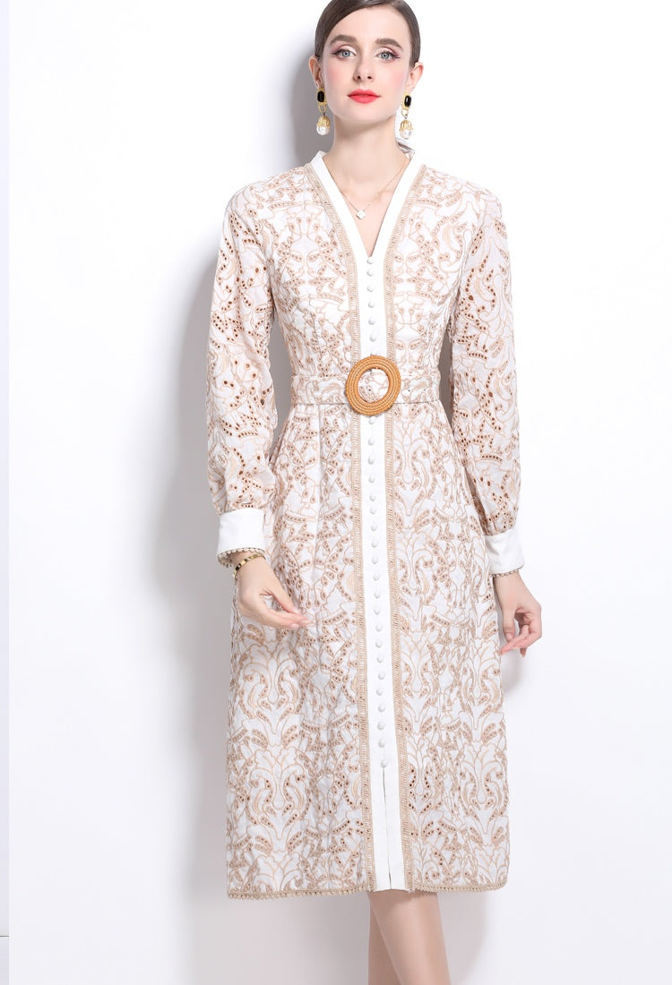 CM-DY024048 Women Elegant European Style V-Neck Embroidery Hollow Long Sleeve Slim Dress