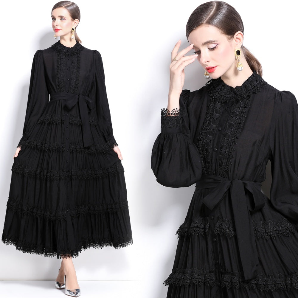 CM-DY024049 Women Elegant European Style Lotus Leaf Collar Long Sleeve Lace Dress - Black