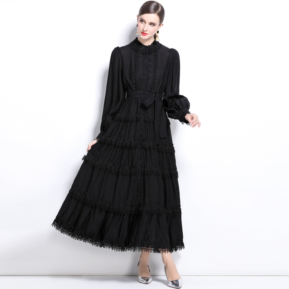 CM-DY024049 Women Elegant European Style Lotus Leaf Collar Long Sleeve Lace Dress - Black