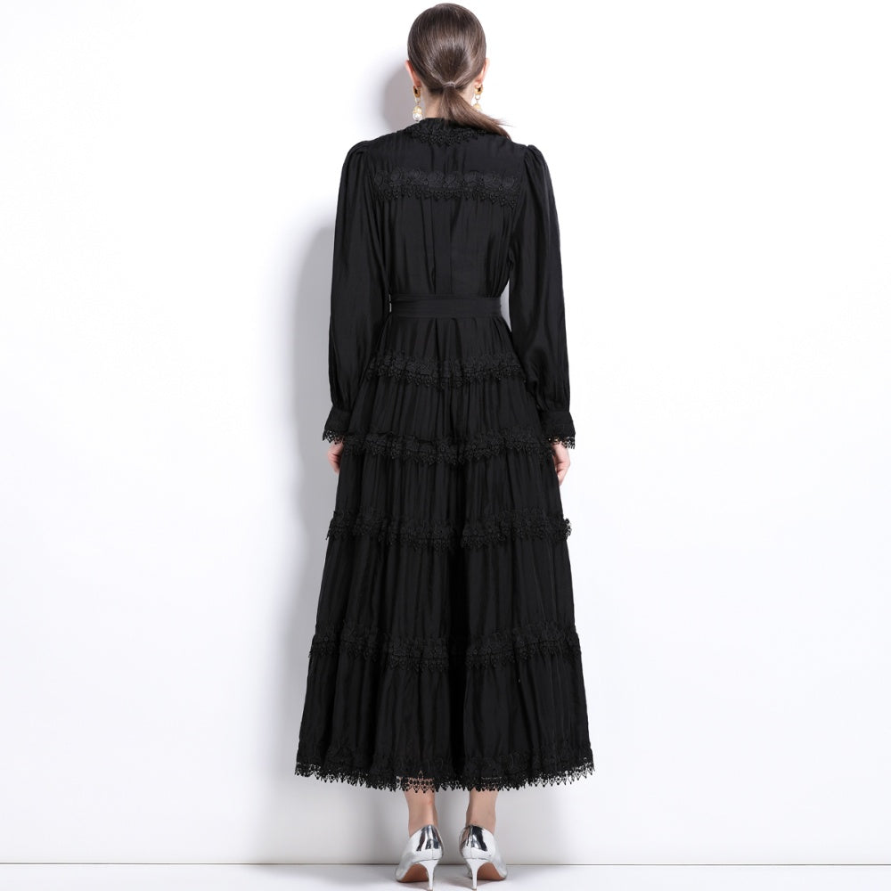 CM-DY024049 Women Elegant European Style Lotus Leaf Collar Long Sleeve Lace Dress - Black
