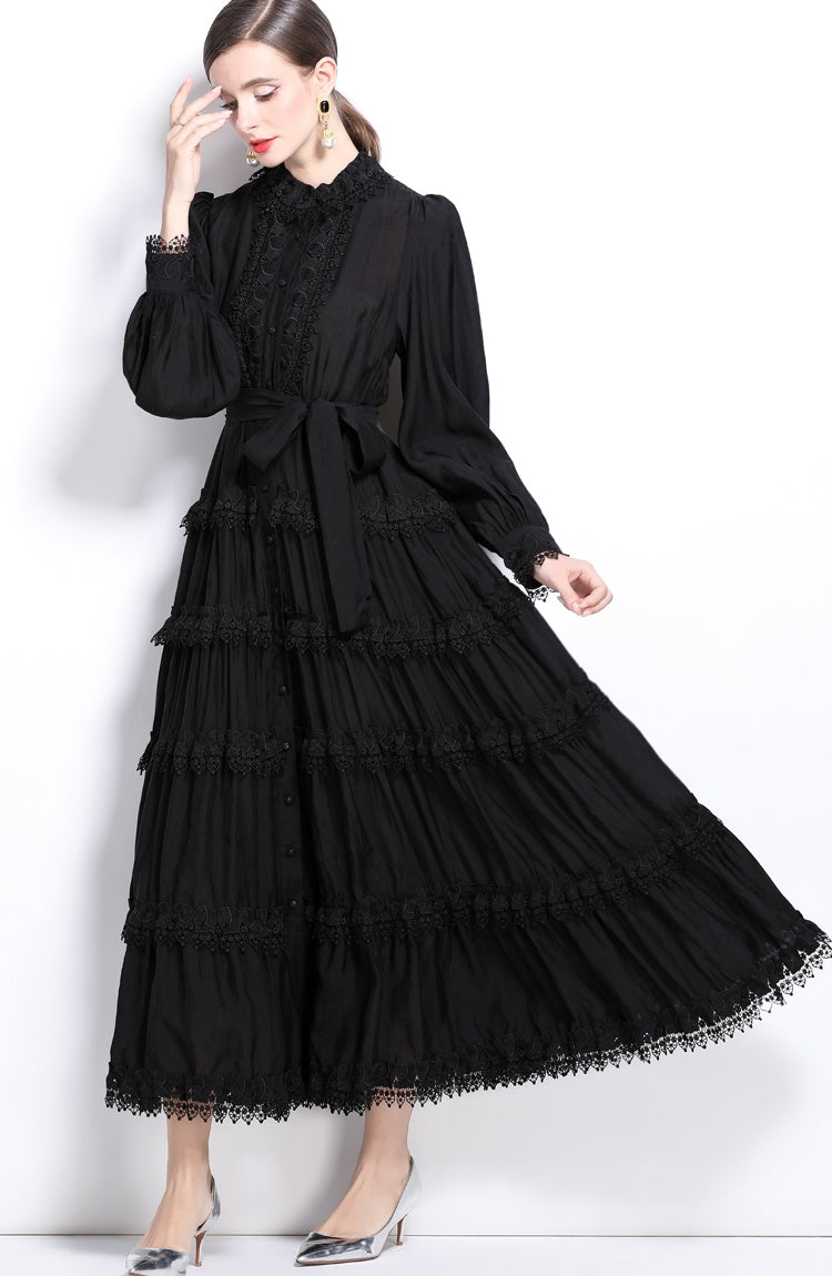 CM-DY024049 Women Elegant European Style Lotus Leaf Collar Long Sleeve Lace Dress - Black