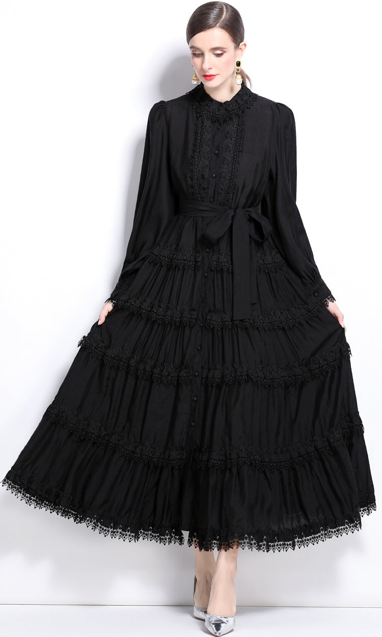 CM-DY024049 Women Elegant European Style Lotus Leaf Collar Long Sleeve Lace Dress - Black
