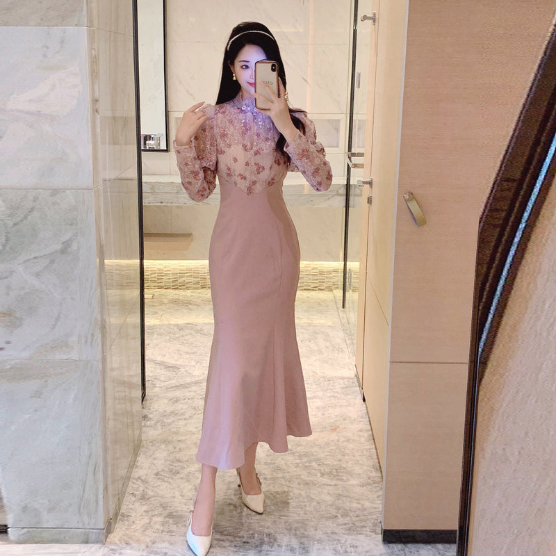 CM-DY024066 Women Elegant Seoul Style Stand Collar Lantern Sleeve Slim Dress
