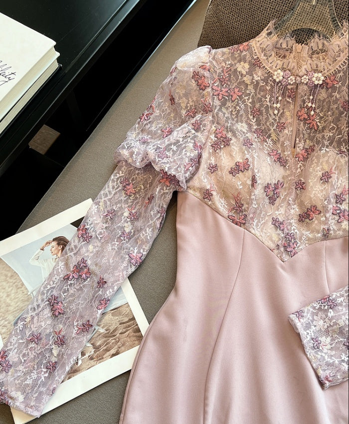 CM-DY024066 Women Elegant Seoul Style Stand Collar Lantern Sleeve Slim Dress