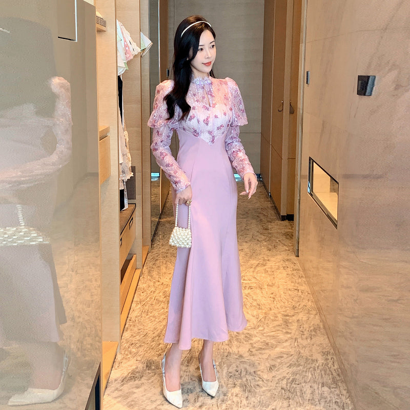 CM-DY024066 Women Elegant Seoul Style Stand Collar Lantern Sleeve Slim Dress