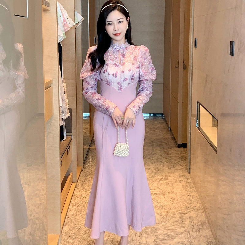 CM-DY024066 Women Elegant Seoul Style Stand Collar Lantern Sleeve Slim Dress