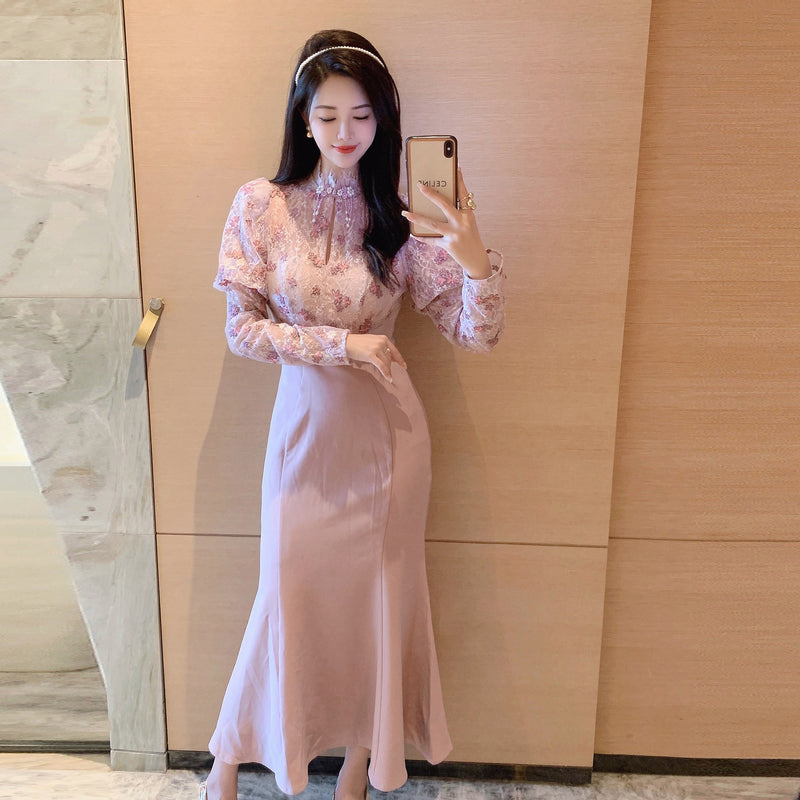 CM-DY024066 Women Elegant Seoul Style Stand Collar Lantern Sleeve Slim Dress